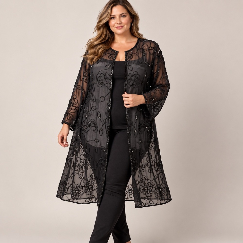 Beaded Drama 2X Black Sheer Beaded Embroidered Floral Duster Jacket India